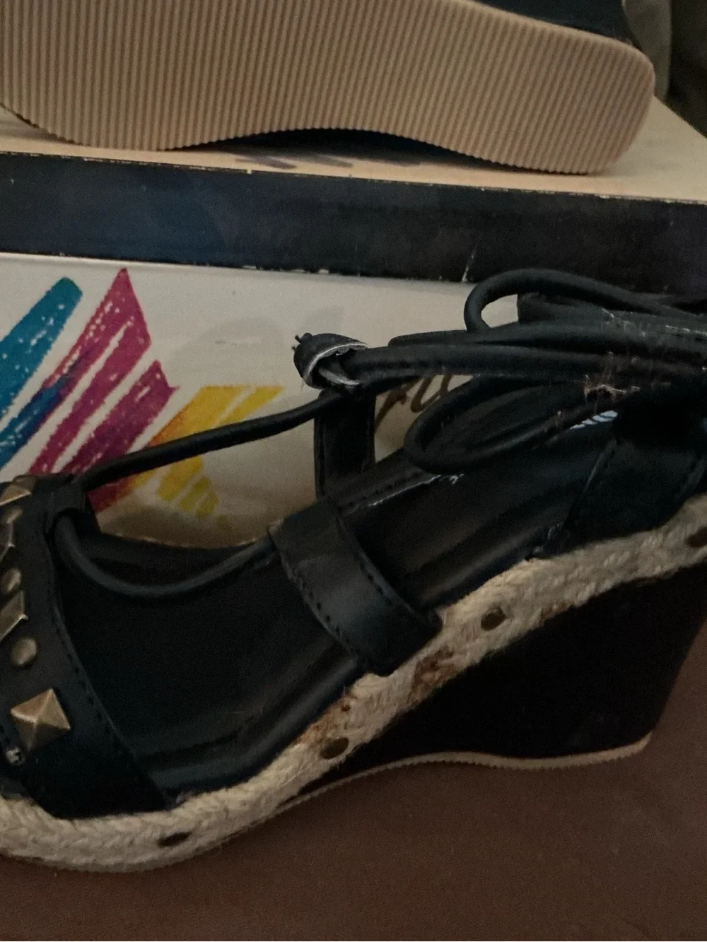 Women’s Black Lace-Up Studded Espadrille Wedge Sandals